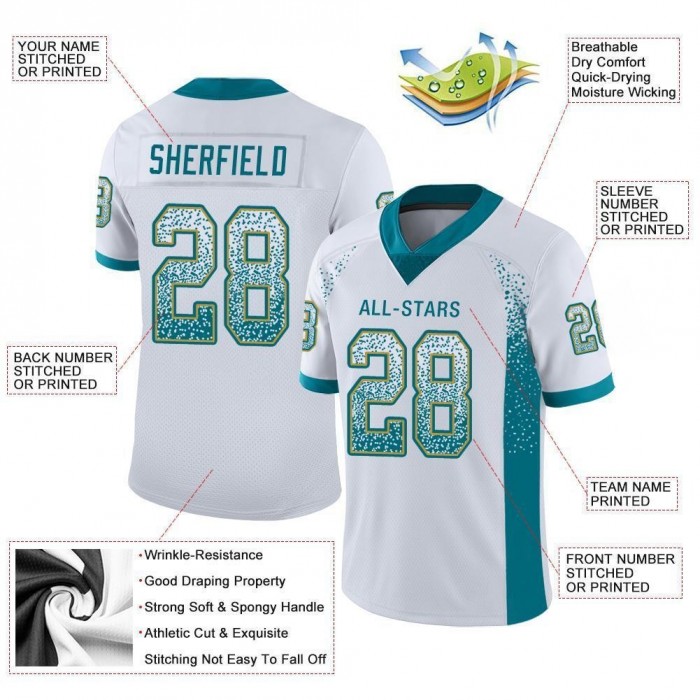 White Teal-Old Gold Mesh Drift Fashion Football Jersey