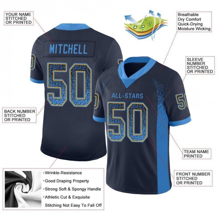 Navy Powder Blue-Gold Mesh Drift Fashion Football Jersey