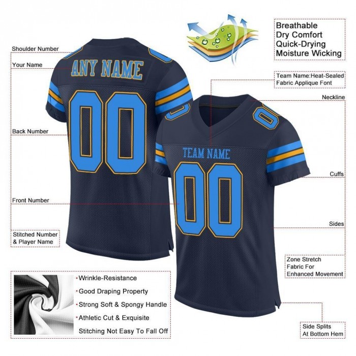 Navy Powder Blue-Gold Mesh Authentic Football Jersey