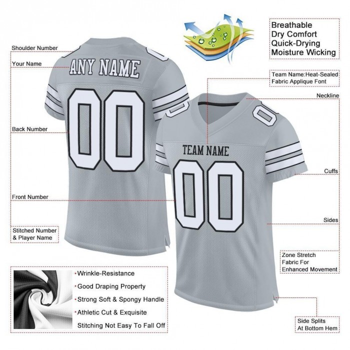 Silver White-Black Mesh Authentic Football Jersey