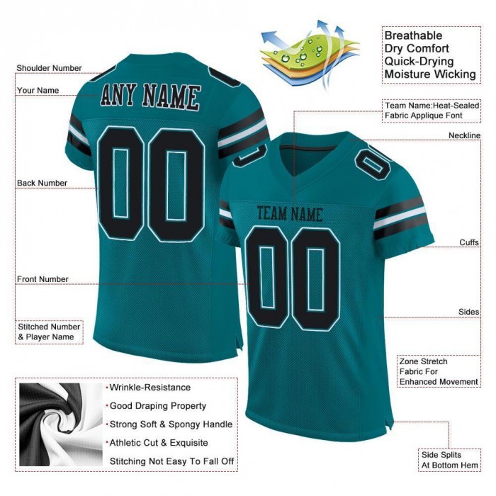 Teal Black-White Mesh Authentic Football Jersey