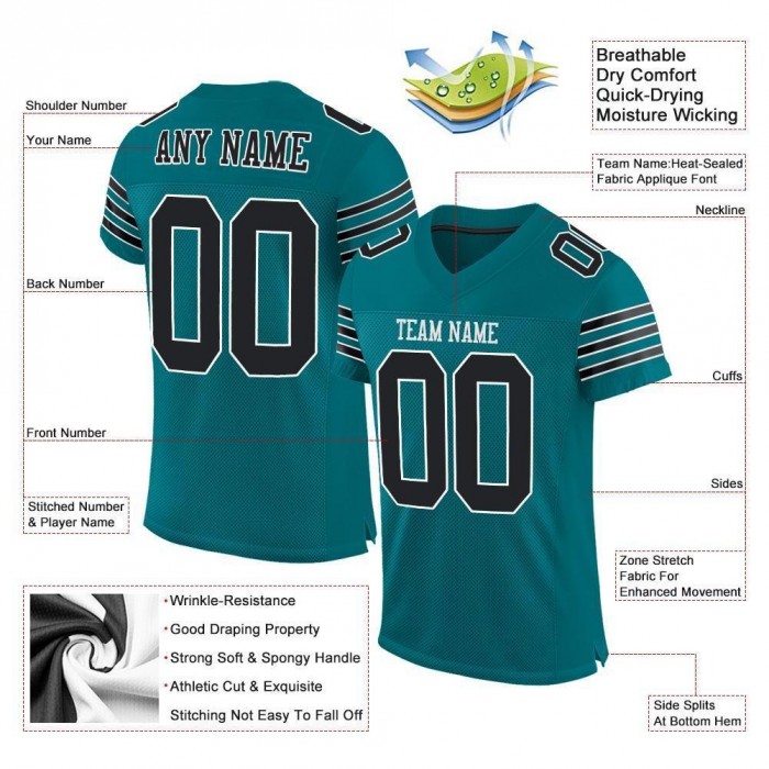 Teal Black-White Mesh Authentic Football Jersey