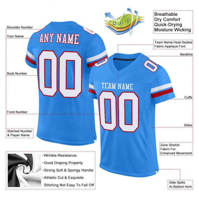Powder Blue White-Red Mesh Authentic Football Jersey